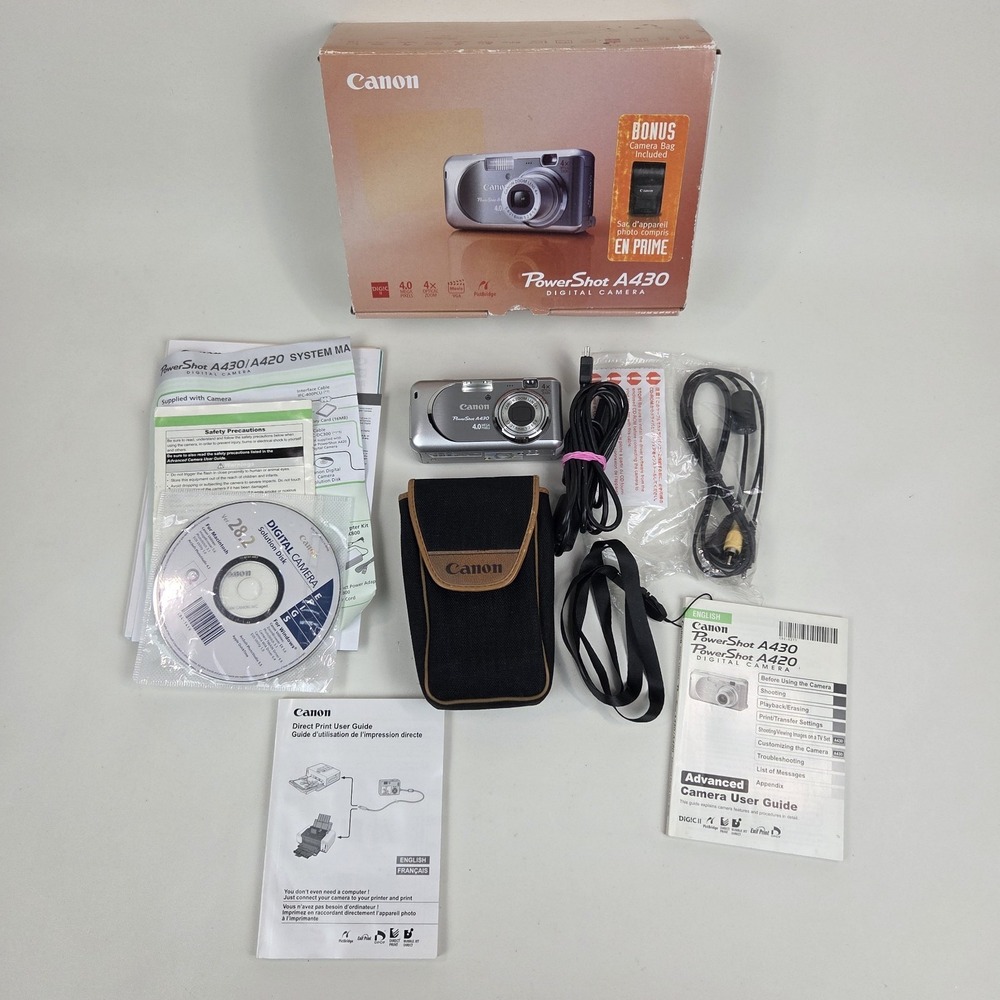 Canon Powershot A430 Digital Camera w/ Box + Accessories Silver Tested Clean